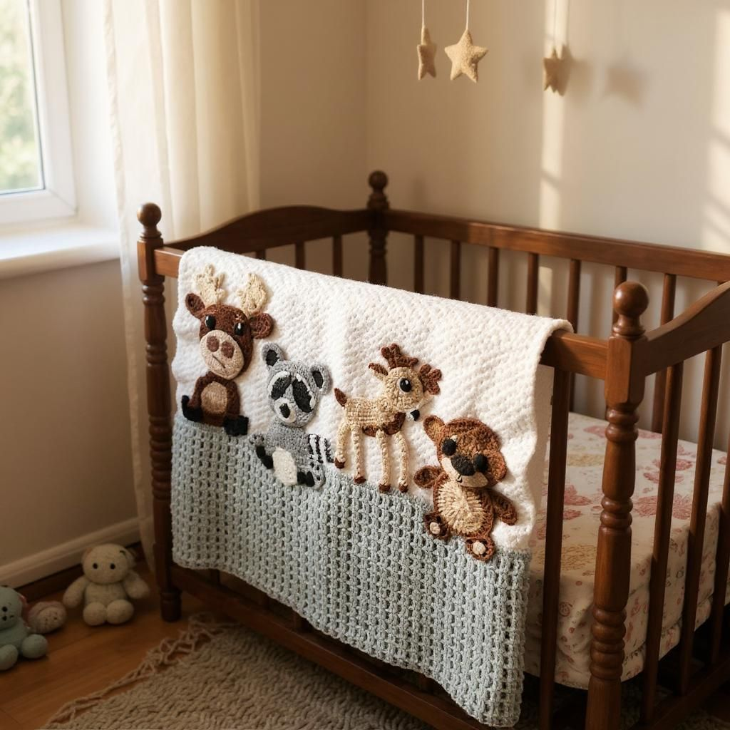 Woodland Friends Baby Blanket - Handcrafted Chenille with Appliqué Animals